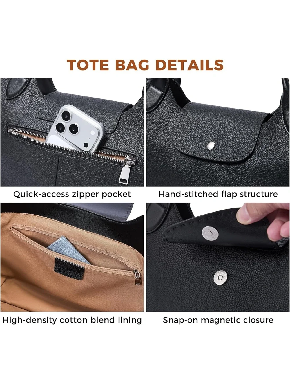 MOORILOOM Black Pebbled Genuine Leather Tote Bag Minimalist Roomy